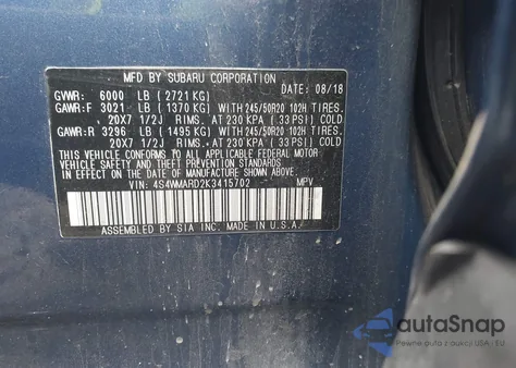 2019 Subaru Ascent Touring z USA, uszkodzony, nr VIN 4S4WMARD2K3415702